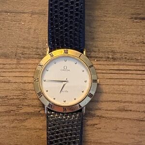 Omega Gold-Tone Watch with Black Leather Strap